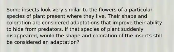 Some insects look very similar to the flowers of a particular species of plant present where they live. Their shape and coloration are considered adaptations that improve their ability to hide from predators. If that species of plant suddenly disappeared, would the shape and coloration of the insects still be considered an adaptation?