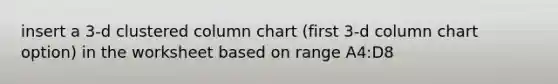 insert a 3-d clustered column chart (first 3-d column chart option) in the worksheet based on range A4:D8