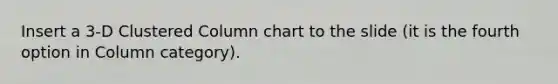 Insert a 3-D Clustered Column chart to the slide (it is the fourth option in Column category).