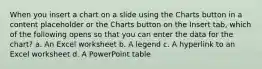 When you insert a chart on a slide using the Charts button in a content placeholder or the Charts button on the Insert tab, which of the following opens so that you can enter the data for the chart? a. An Excel worksheet b. A legend c. A hyperlink to an Excel worksheet d. A PowerPoint table