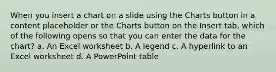 When you insert a chart on a slide using the Charts button in a content placeholder or the Charts button on the Insert tab, which of the following opens so that you can enter the data for the chart? a. An Excel worksheet b. A legend c. A hyperlink to an Excel worksheet d. A PowerPoint table