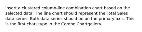 Insert a clustered column-line combination chart based on the selected data. The line chart should represent the Total Sales data series. Both data series should be on the primary axis. This is the first chart type in the Combo Chartgallery.