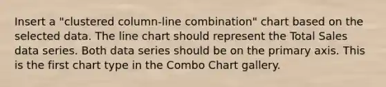 Insert a "clustered column-line combination" chart based on the selected data. The line chart should represent the Total Sales data series. Both data series should be on the primary axis. This is the first chart type in the Combo Chart gallery.