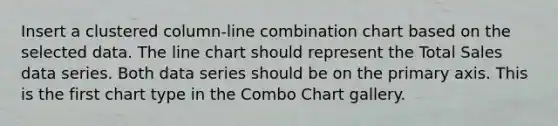 Insert a clustered column-line combination chart based on the selected data. The line chart should represent the Total Sales data series. Both data series should be on the primary axis. This is the first chart type in the Combo Chart gallery.