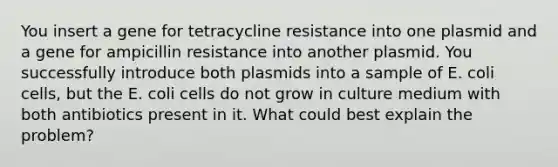 You insert a gene for tetracycline resistance into one plasmid and a gene for ampicillin resistance into another plasmid. You successfully introduce both plasmids into a sample of E. coli cells, but the E. coli cells do not grow in culture medium with both antibiotics present in it. What could best explain the problem?