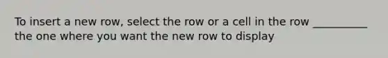 To insert a new row, select the row or a cell in the row __________ the one where you want the new row to display