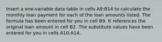 Insert a one-variable data table in cells A9:B14 to calculate the monthly loan payment for each of the loan amounts listed. The formula has been entered for you in cell B9. It references the original loan amount in cell B2. The substitute values have been entered for you in cells A10:A14.