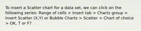 To insert a Scatter chart for a data set, we can click on the following series: Range of cells > Insert tab > Charts group > Insert Scatter (X,Y) or Bubble Charts > Scatter > Chart of choice > OK, T or F?