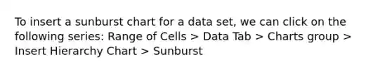 To insert a sunburst chart for a data set, we can click on the following series: Range of Cells > Data Tab > Charts group > Insert Hierarchy Chart > Sunburst