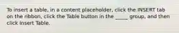 To insert a table, in a content placeholder, click the INSERT tab on the ribbon, click the Table button in the _____ group, and then click Insert Table.