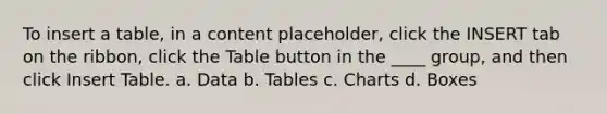 To insert a table, in a content placeholder, click the INSERT tab on the ribbon, click the Table button in the ____ group, and then click Insert Table. a. Data b. Tables c. Charts d. Boxes