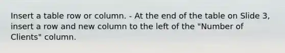 Insert a table row or column. - At the end of the table on Slide 3, insert a row and new column to the left of the "Number of Clients" column.