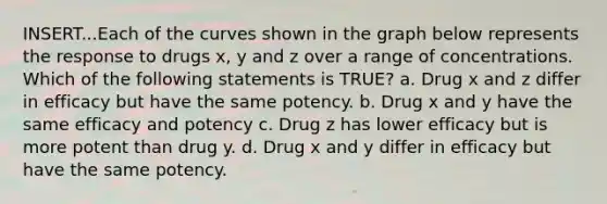 INSERT...Each of the curves shown in the graph below represents the response to drugs x, y and z over a range of concentrations. Which of the following statements is TRUE? a. Drug x and z differ in efficacy but have the same potency. b. Drug x and y have the same efficacy and potency c. Drug z has lower efficacy but is more potent than drug y. d. Drug x and y differ in efficacy but have the same potency.