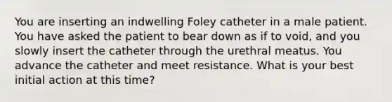 You are inserting an indwelling Foley catheter in a male patient. You have asked the patient to bear down as if to void, and you slowly insert the catheter through the urethral meatus. You advance the catheter and meet resistance. What is your best initial action at this time?