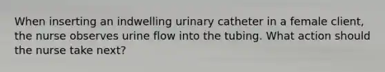 When inserting an indwelling urinary catheter in a female client, the nurse observes urine flow into the tubing. What action should the nurse take next?