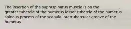 The insertion of the supraspinatus muscle is on the __________. greater tubercle of the humerus lesser tubercle of the humerus spinous process of the scapula intertubercular groove of the humerus