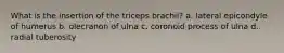 What is the insertion of the triceps brachii? a. lateral epicondyle of humerus b. olecranon of ulna c. coronoid process of ulna d. radial tuberosity