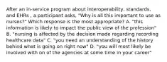 After an in-service program about interoperability, standards, and EHRs , a participant asks, "Why is all this important to use as nurses?" Which response is the most appropriate? A. "this information is likely to impact the public view of the profession" B. "nursing is affected by the decision made regarding recording healthcare data" C. "you need an understanding of the history behind what is going on right now" D. "you will most likely be involved with on of the agencies at some time in your career"