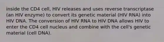 inside the CD4 cell, HIV releases and uses reverse transcriptase (an HIV enzyme) to convert its genetic material (HIV RNA) into HIV DNA. The conversion of HIV RNA to HIV DNA allows HIV to enter the CD4 cell nucleus and combine with the cell's genetic material (cell DNA).