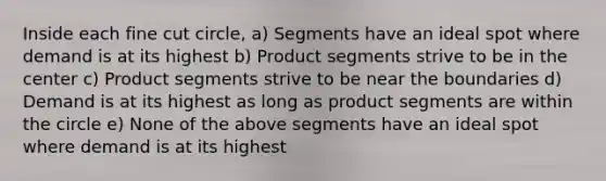 Inside each fine cut circle, a) Segments have an ideal spot where demand is at its highest b) Product segments strive to be in the center c) Product segments strive to be near the boundaries d) Demand is at its highest as long as product segments are within the circle e) None of the above segments have an ideal spot where demand is at its highest