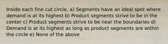 Inside each fine cut circle, a) Segments have an ideal spot where demand is at its highest b) Product segments strive to be in the center c) Product segments strive to be near the boundaries d) Demand is at its highest as long as product segments are within the circle e) None of the above