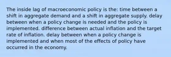 The inside lag of macroeconomic policy is the: time between a shift in aggregate demand and a shift in aggregate supply. delay between when a policy change is needed and the policy is implemented. difference between actual inflation and the target rate of inflation. delay between when a policy change is implemented and when most of the effects of policy have occurred in the economy.