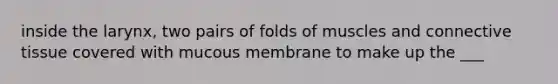 inside the larynx, two pairs of folds of muscles and connective tissue covered with mucous membrane to make up the ___