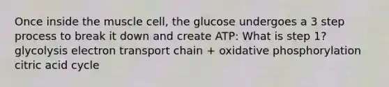 Once inside the muscle cell, the glucose undergoes a 3 step process to break it down and create ATP: What is step 1? glycolysis electron transport chain + oxidative phosphorylation citric acid cycle