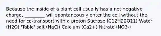 Because the inside of a plant cell usually has a net negative charge, _________ will spontaneously enter the cell without the need for co-transport with a proton Sucrose (C12H22O11) Water (H2O) 'Table' salt (NaCl) Calcium (Ca2+) Nitrate (NO3-)