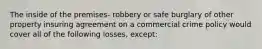 The inside of the premises- robbery or safe burglary of other property insuring agreement on a commercial crime policy would cover all of the following losses, except: