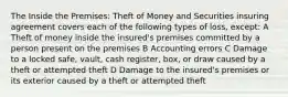 The Inside the Premises: Theft of Money and Securities insuring agreement covers each of the following types of loss, except: A Theft of money inside the insured's premises committed by a person present on the premises B Accounting errors C Damage to a locked safe, vault, cash register, box, or draw caused by a theft or attempted theft D Damage to the insured's premises or its exterior caused by a theft or attempted theft