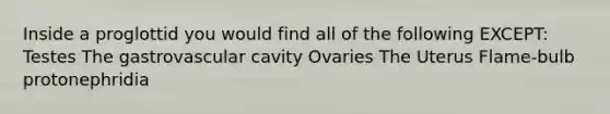 Inside a proglottid you would find all of the following EXCEPT: Testes The gastrovascular cavity Ovaries The Uterus Flame-bulb protonephridia