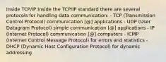 Inside TCP/IP Inside the TCP/IP standard there are several protocols for handling data communication: - TCP (Transmission Control Protocol) communication [@] applications - UDP (User Datagram Protocol) simple communication [@] applications - IP (Internet Protocol) communication [@] computers - ICMP (Internet Control Message Protocol) for errors and statistics - DHCP (Dynamic Host Configuration Protocol) for dynamic addressing