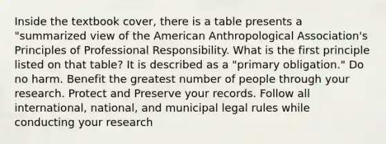 Inside the textbook cover, there is a table presents a "summarized view of the American Anthropological Association's Principles of Professional Responsibility. What is the first principle listed on that table? It is described as a "primary obligation." Do no harm. Benefit the greatest number of people through your research. Protect and Preserve your records. Follow all international, national, and municipal legal rules while conducting your research