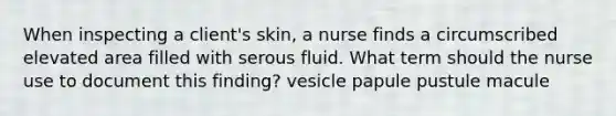 When inspecting a client's skin, a nurse finds a circumscribed elevated area filled with serous fluid. What term should the nurse use to document this finding? vesicle papule pustule macule