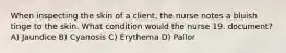 When inspecting the skin of a client, the nurse notes a bluish tinge to the skin. What condition would the nurse 19. document? A) Jaundice B) Cyanosis C) Erythema D) Pallor