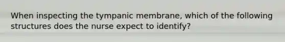 When inspecting the tympanic membrane, which of the following structures does the nurse expect to identify?