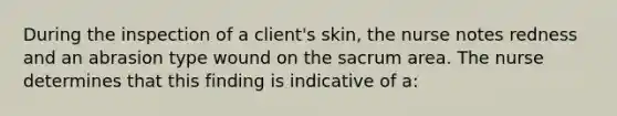 During the inspection of a client's skin, the nurse notes redness and an abrasion type wound on the sacrum area. The nurse determines that this finding is indicative of a: