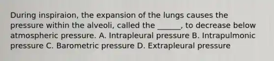 During inspiraion, the expansion of the lungs causes the pressure within the alveoli, called the ______, to decrease below atmospheric pressure. A. Intrapleural pressure B. Intrapulmonic pressure C. Barometric pressure D. Extrapleural pressure