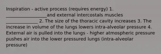 Inspiration - active process (requires energy) 1. __________________and external intercostals muscles ______________ 2. The size of the thoracic cavity increases 3. The increase in volume of the lungs lowers intra-alveolar pressure 4. External air is pulled into the lungs - higher atmospheric pressure pushes air into the lower pressured lungs (intra-alveolar pressure)