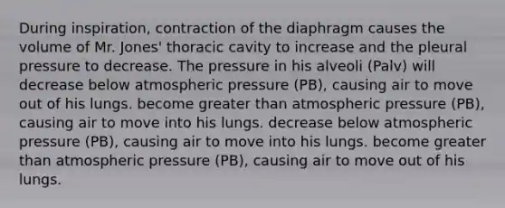 During inspiration, contraction of the diaphragm causes the volume of Mr. Jones' thoracic cavity to increase and the pleural pressure to decrease. The pressure in his alveoli (Palv) will decrease below atmospheric pressure (PB), causing air to move out of his lungs. become greater than atmospheric pressure (PB), causing air to move into his lungs. decrease below atmospheric pressure (PB), causing air to move into his lungs. become greater than atmospheric pressure (PB), causing air to move out of his lungs.