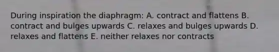 During inspiration the diaphragm: A. contract and flattens B. contract and bulges upwards C. relaxes and bulges upwards D. relaxes and flattens E. neither relaxes nor contracts