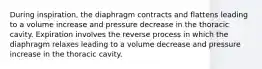 During inspiration, the diaphragm contracts and flattens leading to a volume increase and pressure decrease in the thoracic cavity. Expiration involves the reverse process in which the diaphragm relaxes leading to a volume decrease and pressure increase in the thoracic cavity.