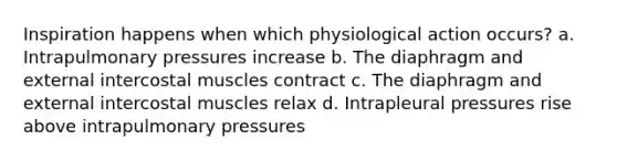 Inspiration happens when which physiological action occurs? a. Intrapulmonary pressures increase b. The diaphragm and external intercostal muscles contract c. The diaphragm and external intercostal muscles relax d. Intrapleural pressures rise above intrapulmonary pressures