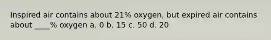 Inspired air contains about 21% oxygen, but expired air contains about ____% oxygen a. 0 b. 15 c. 50 d. 20