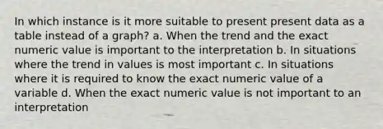 In which instance is it more suitable to present present data as a table instead of a graph? a. When the trend and the exact numeric value is important to the interpretation b. In situations where the trend in values is most important c. In situations where it is required to know the exact numeric value of a variable d. When the exact numeric value is not important to an interpretation