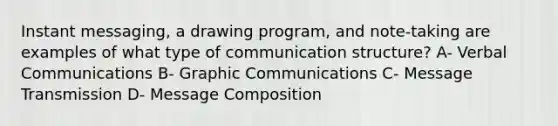 Instant messaging, a drawing program, and note-taking are examples of what type of communication structure? A- Verbal Communications B- Graphic Communications C- Message Transmission D- Message Composition