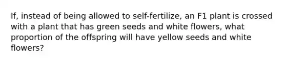 If, instead of being allowed to self-fertilize, an F1 plant is crossed with a plant that has green seeds and white flowers, what proportion of the offspring will have yellow seeds and white flowers?