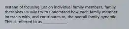 Instead of focusing just on individual family members, family therapists usually try to understand how each family member interacts with, and contributes to, the overall family dynamic. This is referred to as _____________.