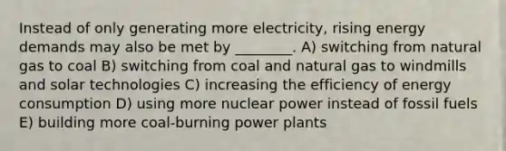 Instead of only generating more electricity, rising energy demands may also be met by ________. A) switching from natural gas to coal B) switching from coal and natural gas to windmills and solar technologies C) increasing the efficiency of energy consumption D) using more nuclear power instead of fossil fuels E) building more coal-burning power plants